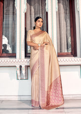 Pure Kanjivaram pastel ceam light shaded weaving silk hanloom saree with contrasting dark border